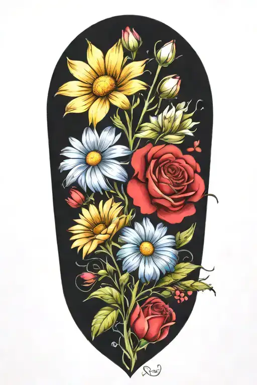An intricate tattoo of a boquet of roses, daisys, and cosmos flowers tattoo design idea