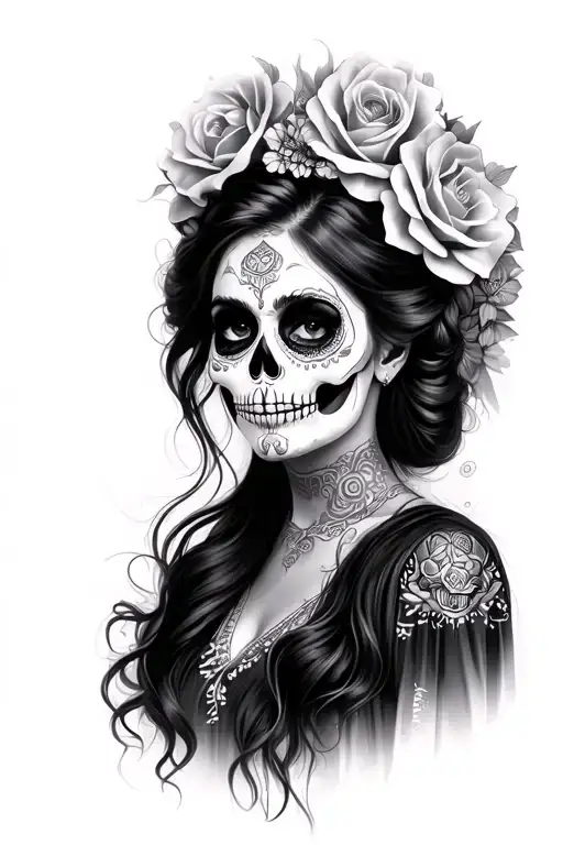 realistic sugar skull woman's face tattoo design idea