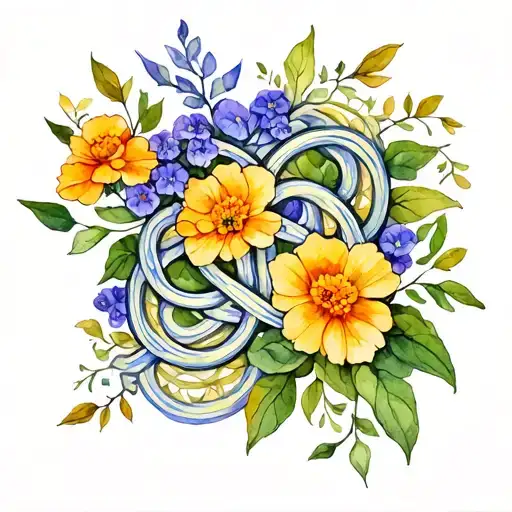 Celtic father-daughter knot design incorporating stems, leaves, marigold blossoms and honeysuckle blossoms tattoo design idea