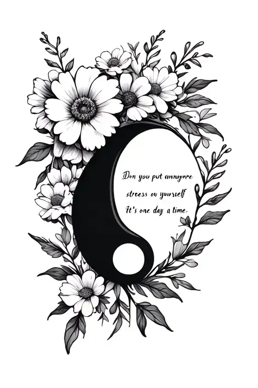 flowers with the words "Don't you put anymore stress on yourself It's one day at a time" sneak a semicolon in too tattoo design idea