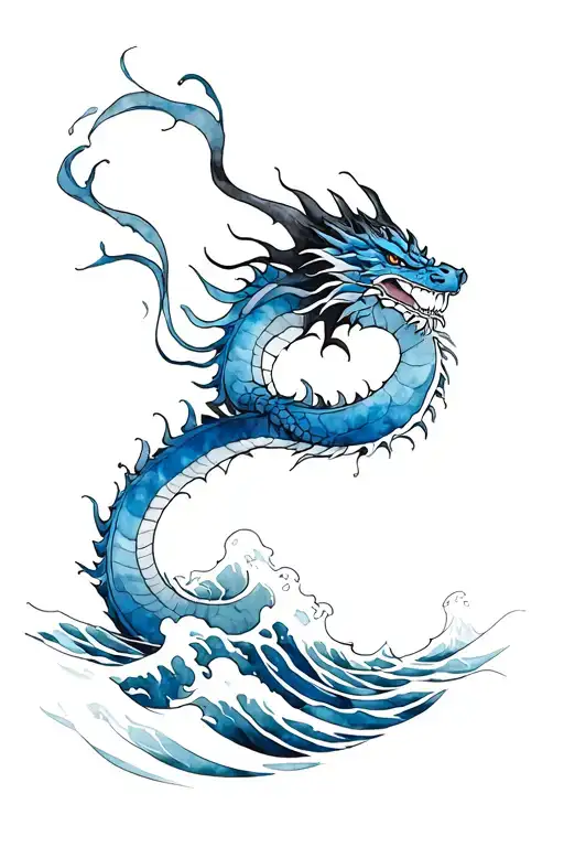 A Japanese watercolor-style dragon tattoo, flowing blue and black ink, dragon emerging from waves, minimalistic yet deta tattoo design idea