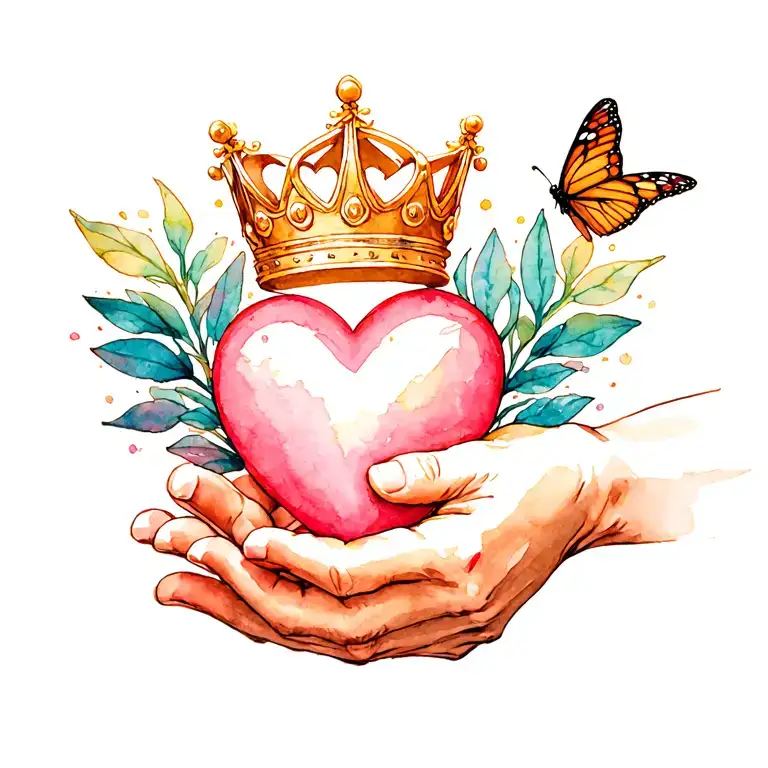 a claddugh symbol consisting of two hands clasping a heart mounted by a crown with a butterfly landing on back on hand.  tattoo design idea