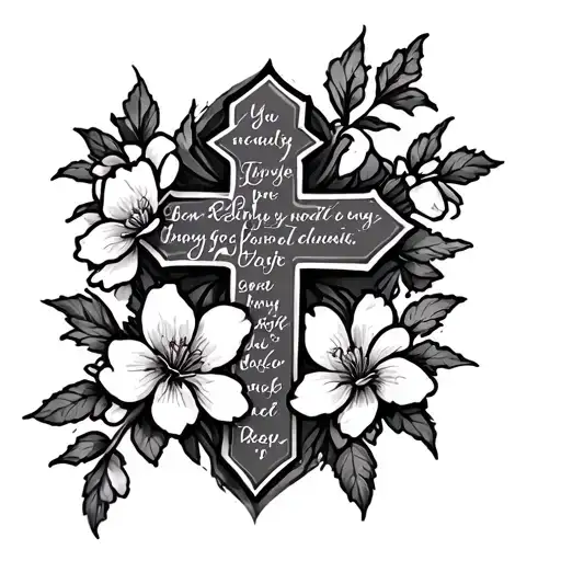 Cross tattoo with cherry blossoms and word proverb 16:9 tattoo design idea