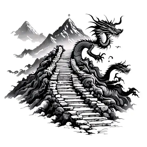 stairs leading to a mountain top. with hazards along the way Chinese themed with dragon and samuri included. tattoo design idea