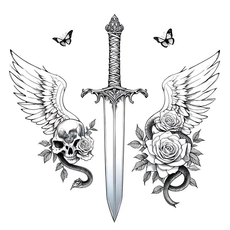 a straight sword with a skull hilt wrapped by snake, rose, and butterflies. Above, “ONE DAY I AM GOING TO GROW WINGS"  tattoo design idea