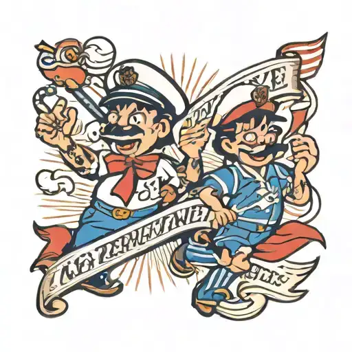 A Sailor Jerry style tattoo flash image of cartoon characters Bingo and Bluey with a banner that reads “don’t worry, kee tattoo design idea
