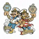 A Sailor Jerry style tattoo flash image of cartoon characters Bingo and Bluey with a banner that reads “don’t worry, kee tattoo design idea