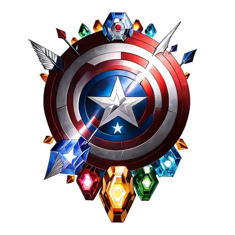 half cap america shield half arc reactor and avengers logo surrounded by infinity stones, hawkeye arrow going through it tattoo design idea