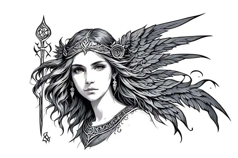 Nordic Freyja representing daughter for man using symbols or runes not a large amount of detail use o& thick black lines tattoo design idea