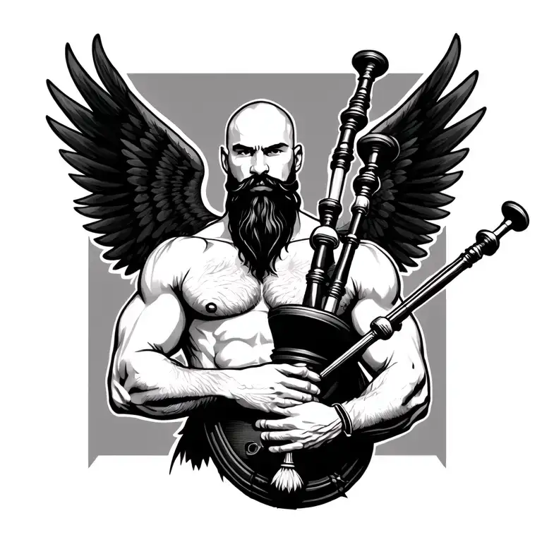 handsome scottish bagpiper bald black beard  muscular wearing pipes in arm big black wings shirtless tattoo tattoo design idea