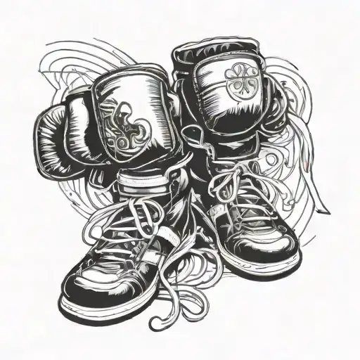 A dynamic composition featuring a black belt tied around a pair of boxing gloves and a pair of martial arts shoes tattoo design idea