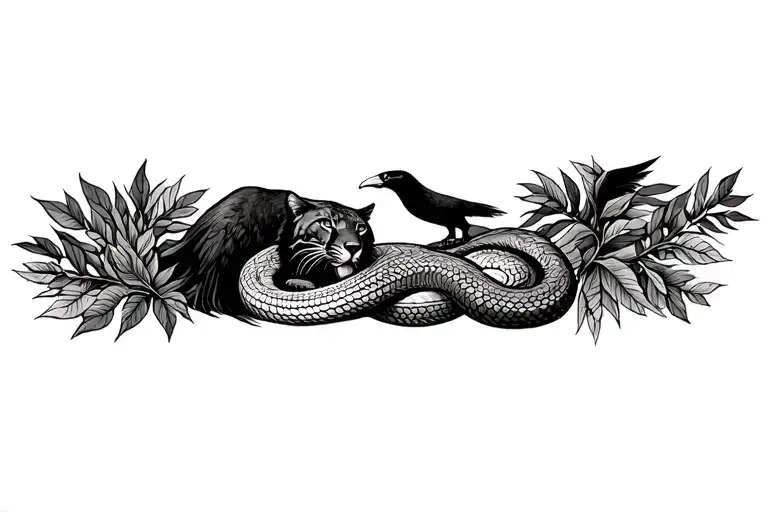 Peruvian mountain range with pachamama spiral; incorporate cougar, condor and snake; cica leaves tattoo design idea