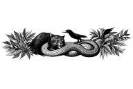 Peruvian mountain range with pachamama spiral; incorporate cougar, condor and snake; cica leaves tattoo design idea