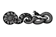 Peruvian mountain range with pachamama spiral; incorporate cougar, condor and snake; cica leaves tattoo design idea