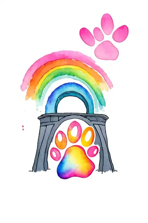 Bridge with rainbow and paw print and nose print tattoo design idea