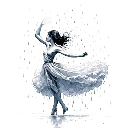 silhouette of a woman dancing in the rain cloud tattoo design idea
