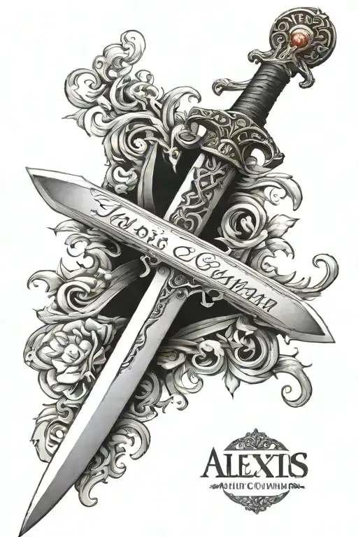 a sword that is made with my two names which is Alexis Brayan with Tag letters in black measuring 10cm by 2 inches tattoo design idea