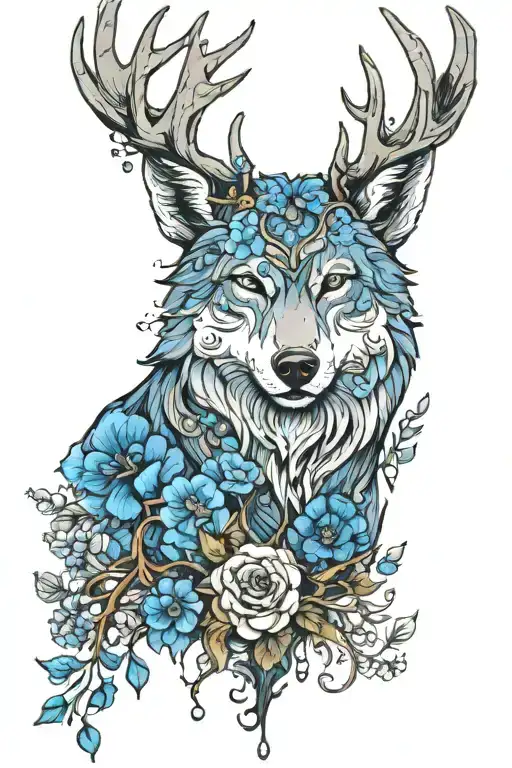 a wolf in the forest, above him a deer with beautiful antlers on which are blue flowers, a black raven sits on the antlers tattoo design idea