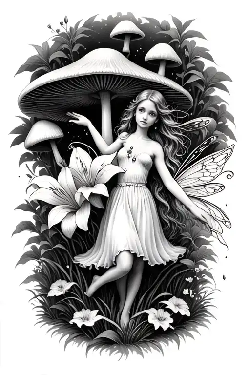 fairies in a mushroom feild surrounded by lilies tattoo design idea