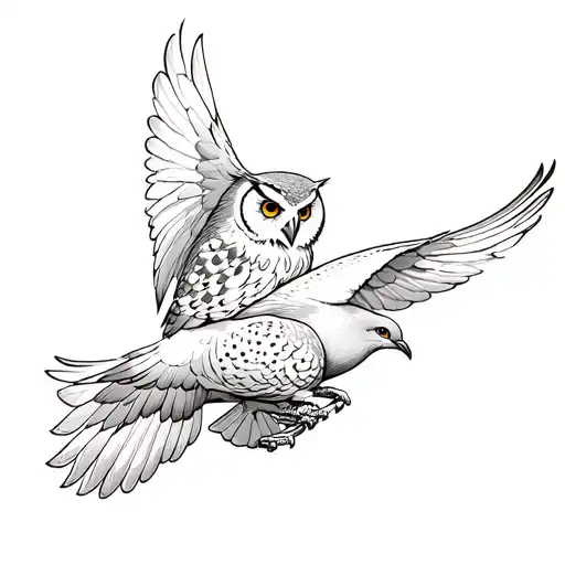 A pigeon and an owl flying together symbolizing the client's parents always watching after him no matter where they are tattoo design idea