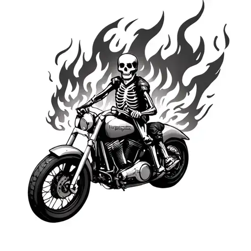 skeleton riding a motorcycle thru fire  tattoo design idea
