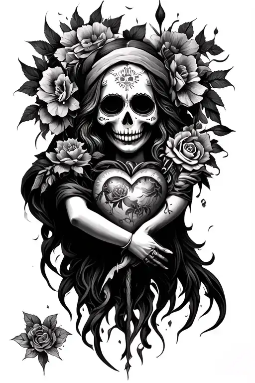 santa muerte guarding heart intertwined tattoo design idea