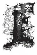 A gloomy old lighthouse, with skulls, dark sea, and pirate flag  tattoo design idea