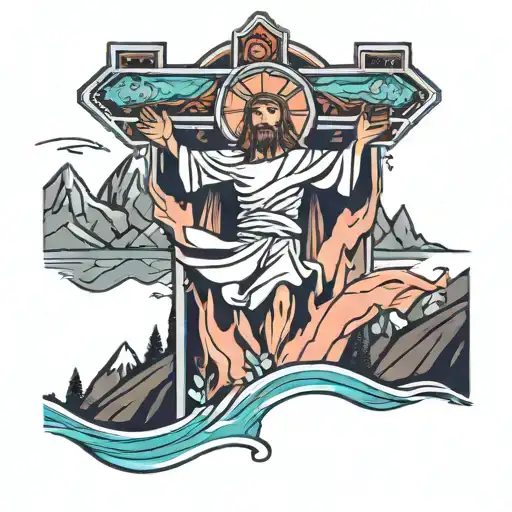 Jesus cross surrounded by mountains with salmon jumping in a river  tattoo design idea