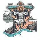 Jesus cross surrounded by mountains with salmon jumping in a river  tattoo design idea