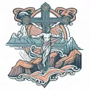 Jesus cross surrounded by mountains with salmon jumping in a river  tattoo design idea