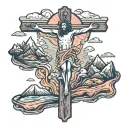 Jesus cross surrounded by mountains with salmon jumping in a river  tattoo design idea