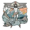 Jesus cross surrounded by mountains with salmon jumping in a river  tattoo design idea