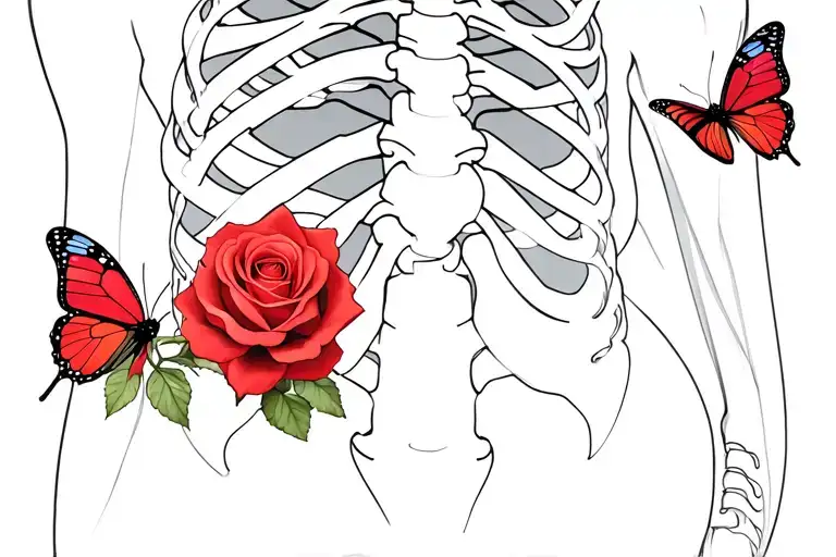 rib cage xray with 2 red roses and butterflies tattoo design idea