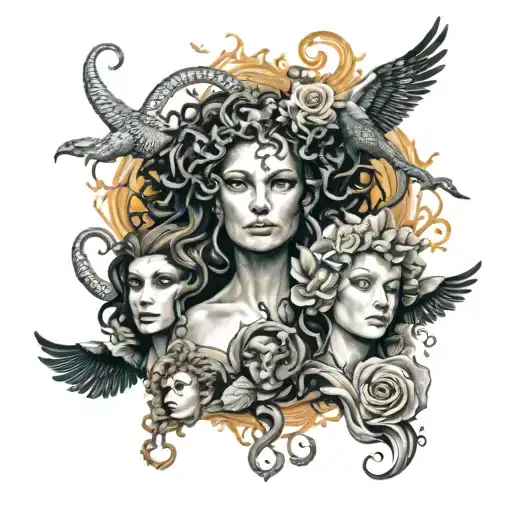 horror sleeve featuring Medusa, Lilith, and Persephone tattoo design idea