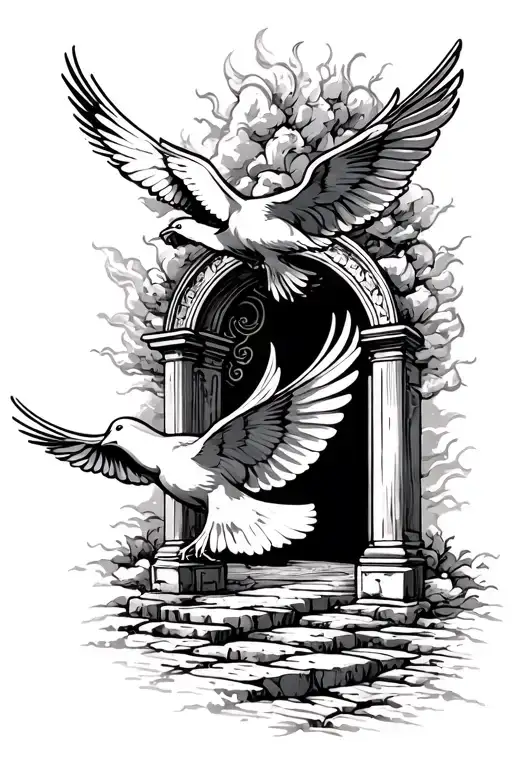 heaven gates with dove flying tattoo design idea