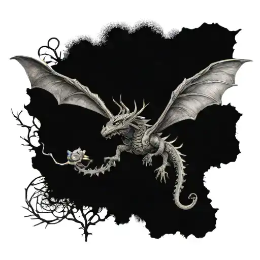 roses, dragon flying, forest, dead peolel tattoo design idea