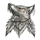 wolf face morphing from red tail hawk soaring carring tomahawk with eagle feathers tattoo design idea