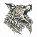 wolf face morphing from red tail hawk soaring carring tomahawk with eagle feathers tattoo design idea