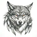 wolf face morphing from red tail hawk soaring carring tomahawk with eagle feathers tattoo design idea