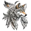 wolf face morphing from red tail hawk soaring carring tomahawk with eagle feathers tattoo design idea