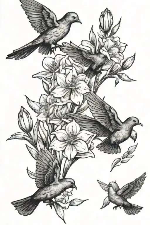 carnation daffodil marigold narcissus and three black doves flying tattoo design idea