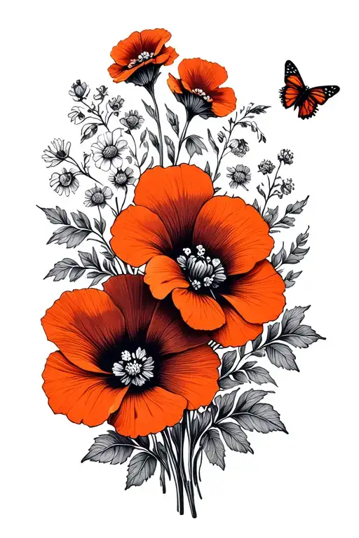 fifteen Nasturtium flowers with foliage and other flowers and a very small butterfly tattoo design idea