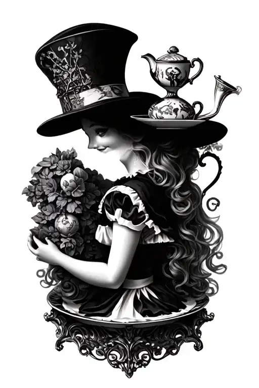"I'm Not Crazy" a greyscale tattoo, it should be a chaotic detailed tea party, should include a big table with alice in wonderland chara tattoo design idea