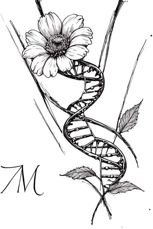 flower, strand of DNA, initials v and m tattoo design idea