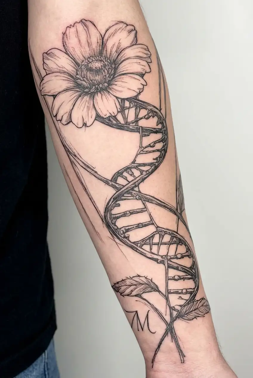 flower, strand of DNA, initials v and m tattoo design idea
