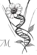 flower, strand of DNA, initials v and m tattoo design idea