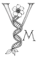 flower, strand of DNA, initials v and m tattoo design idea