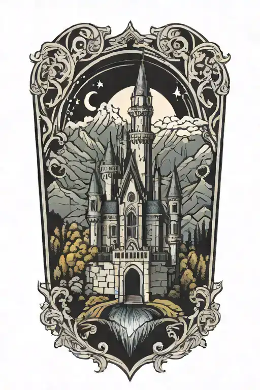 Gothic Medieval castle overlooking mountains tattoo design idea