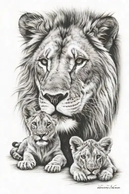 lion and 2 cubs protective father wolf tattoo design idea