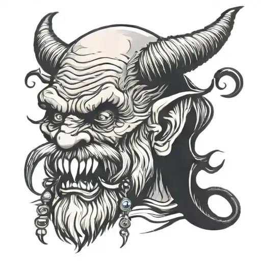 split tongue old man krampus demon with bells worn tattoo design idea